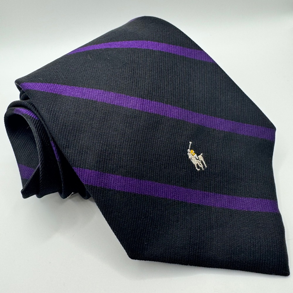 Polo‎ Ralph Lauren Tie Mens Black Purple Repp Striped Silk Pony Logo Designer